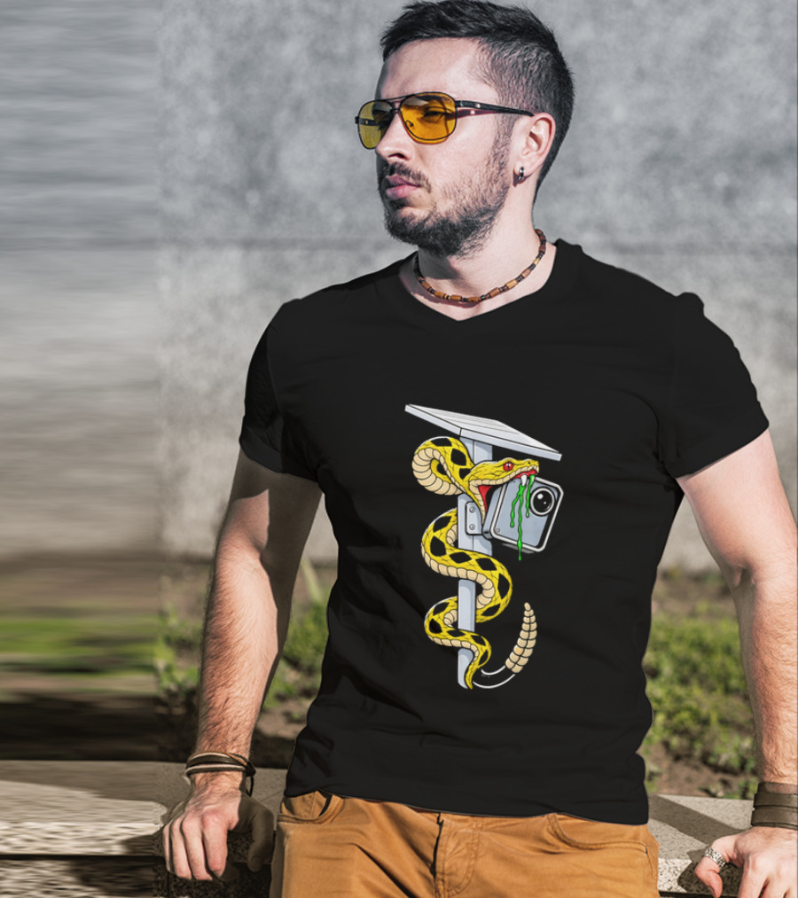Cartoon Yellow Rattlesnake Biting Security Camera Solar Panel Pole Dripping Venom T-Shirt