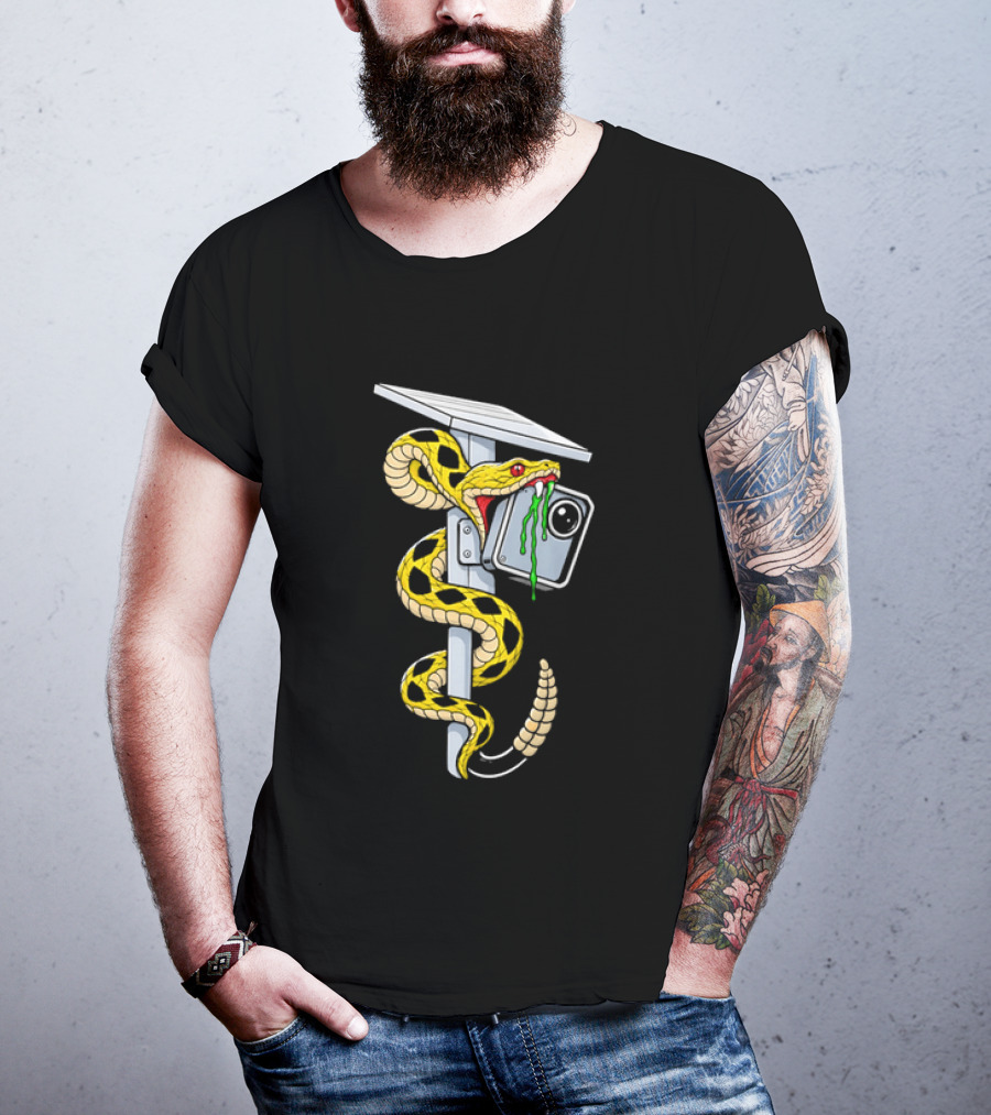 Cartoon Yellow Rattlesnake Biting Security Camera Solar Panel Pole Dripping Venom T-Shirt