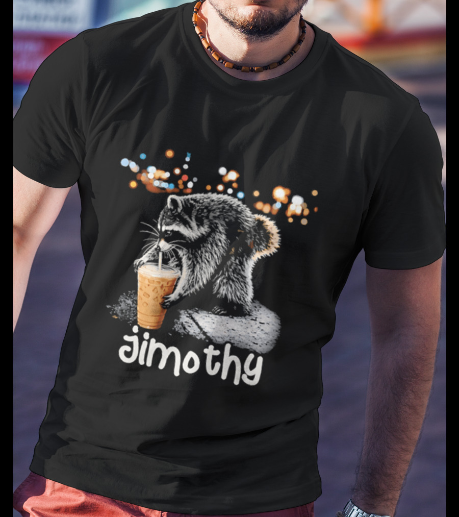 Jimothy Raccoon Sipping Iced Coffee Under Streetlights T-Shirt