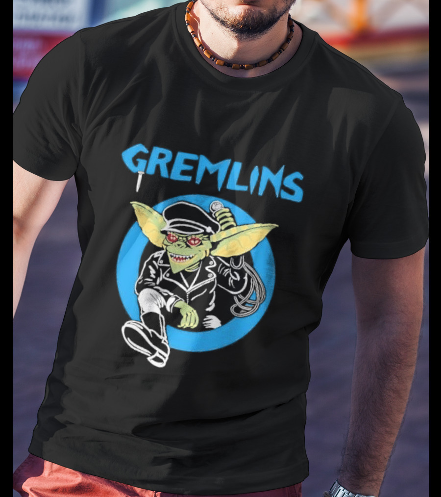 Gremlins Cartoon Leather Biker Gizmo Blue Circle T-Shirt
