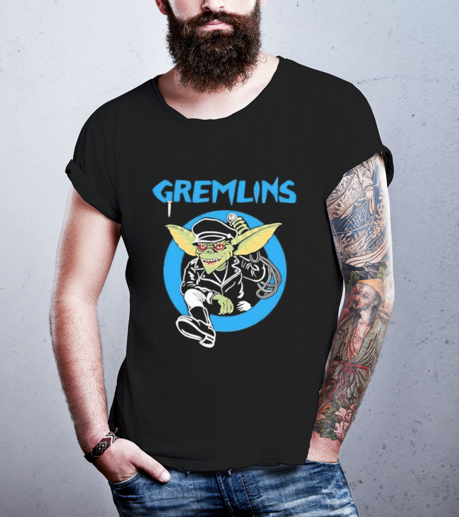 Gremlins Cartoon Leather Biker Gizmo Blue Circle T-Shirt