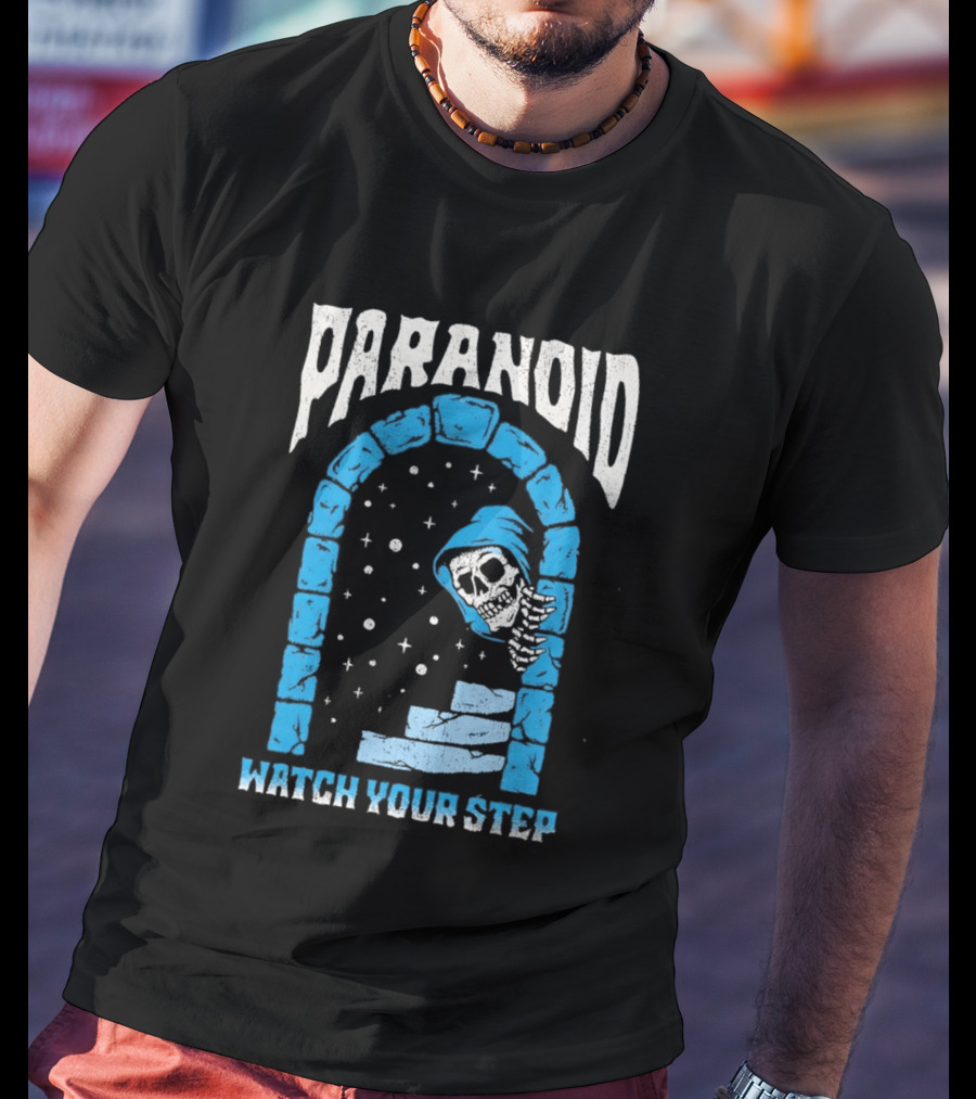 Paranoid Skeleton Peeking Stone Archway Your Step T-Shirt