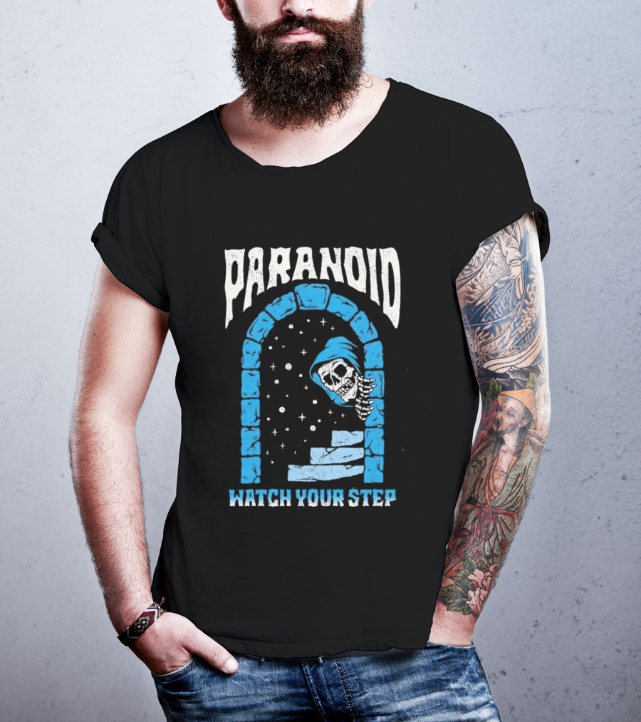 Paranoid Skeleton Peeking Stone Archway Your Step T-Shirt