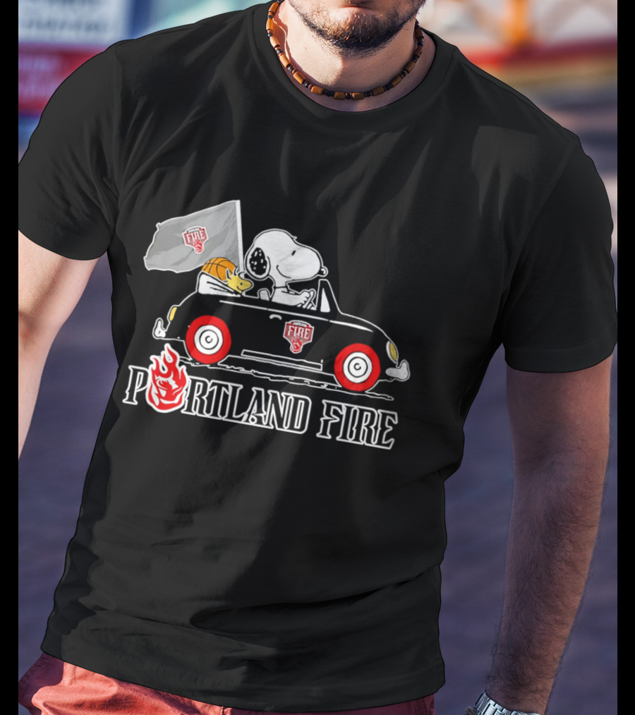 Portland Fire Snoopy And Woodstock Driving Vintage Car With Flag T-Shirt