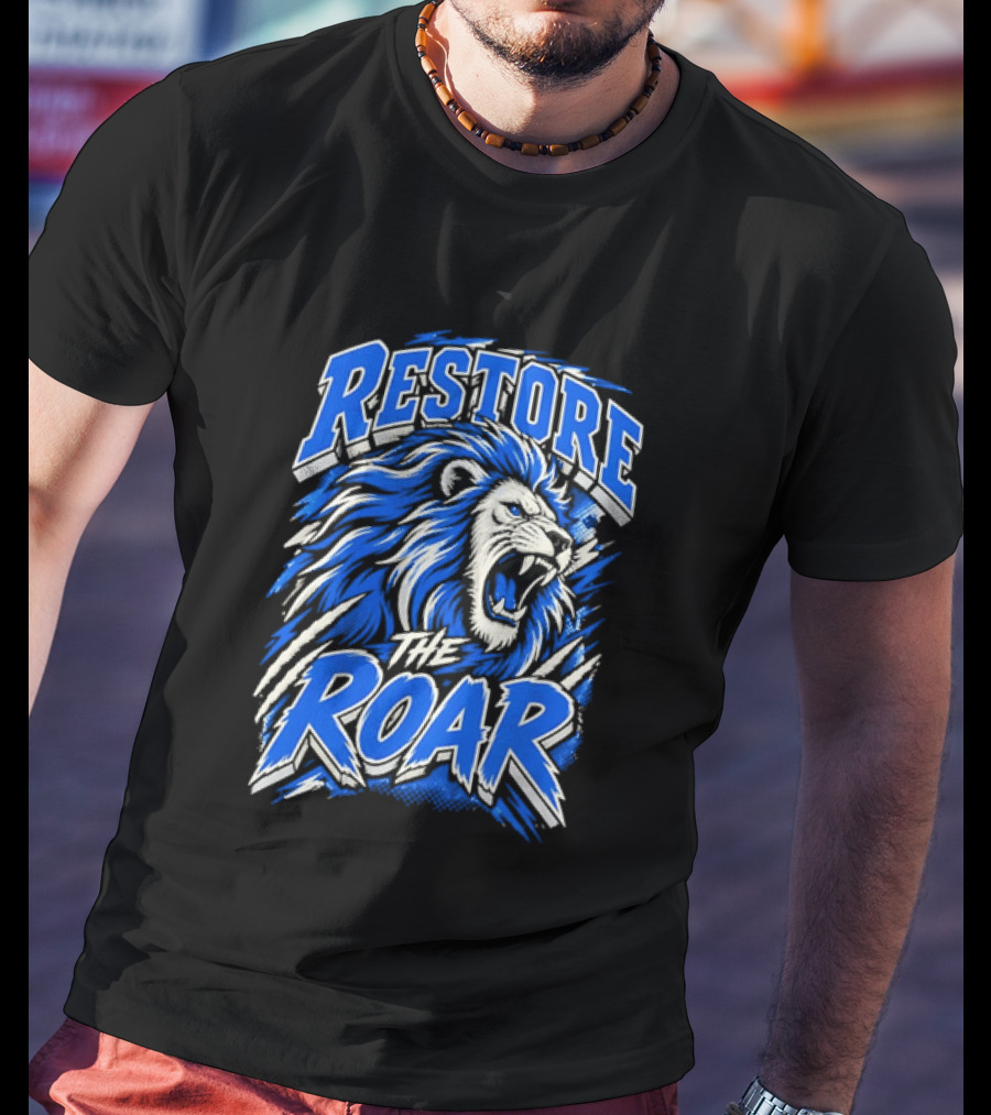 Restore The Roar Blue Lion Head With Halftone Scratch Marks T-Shirt