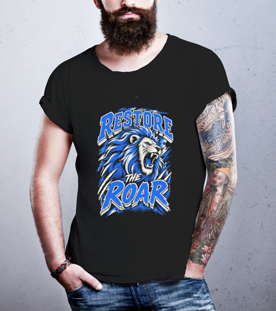 Restore The Roar Blue Lion Head With Halftone Scratch Marks T-Shirt