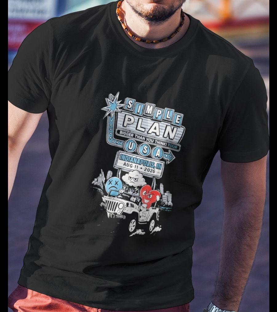 Simple Plan Indianapolis IN 2026 Bigger Than You Think Tour August 11 White River State Park USA Classic Car And Happy Heart T-Shirt