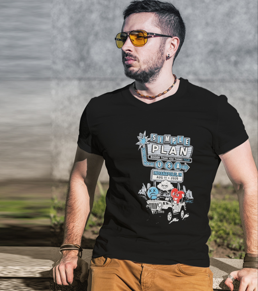 Simple Plan Indianapolis IN 2026 Bigger Than You Think Tour August 11 White River State Park USA Classic Car And Happy Heart T-Shirt