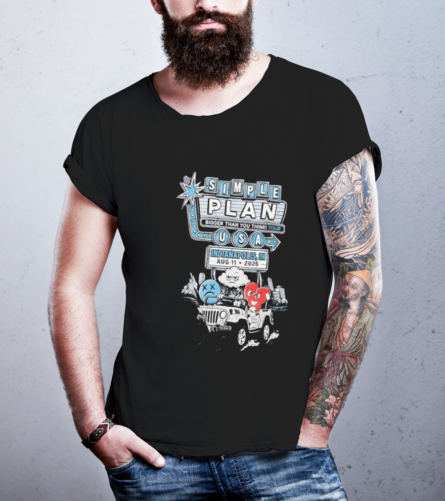 Simple Plan Indianapolis IN 2026 Bigger Than You Think Tour August 11 White River State Park USA Classic Car And Happy Heart T-Shirt