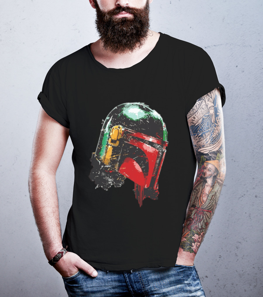 Star Wars Boba Fett Helmet Distressed Paint Splatter Drip T-Shirt