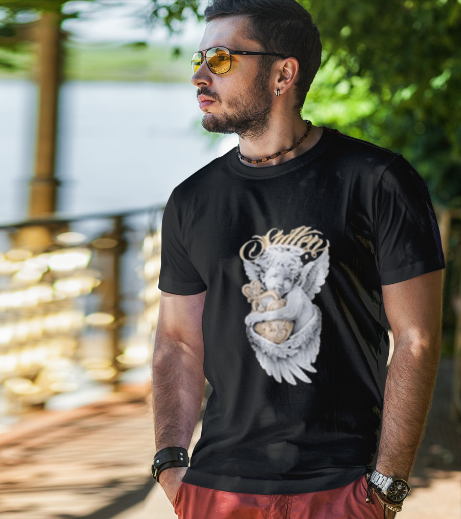 Sullen Heavenly Angel Embracing Heart T-Shirt