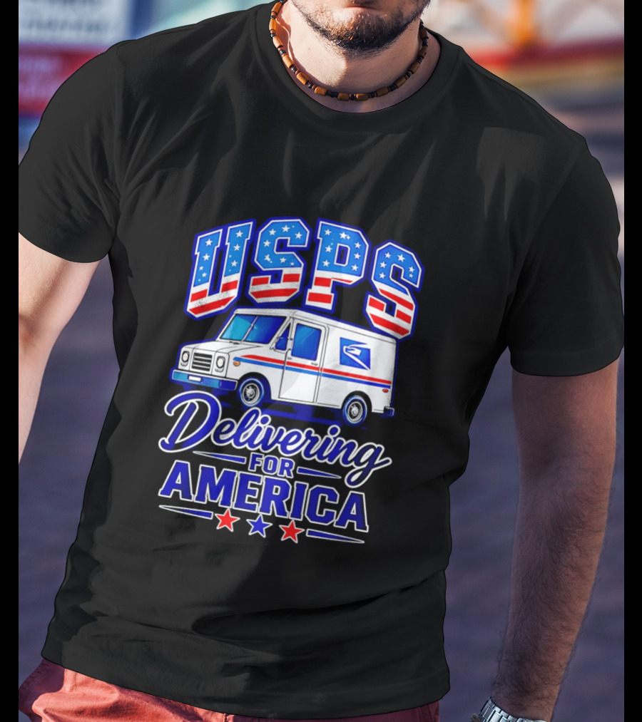 USPS Delivering For America Mail Truck Patriotic Stars And Stripes T-Shirt