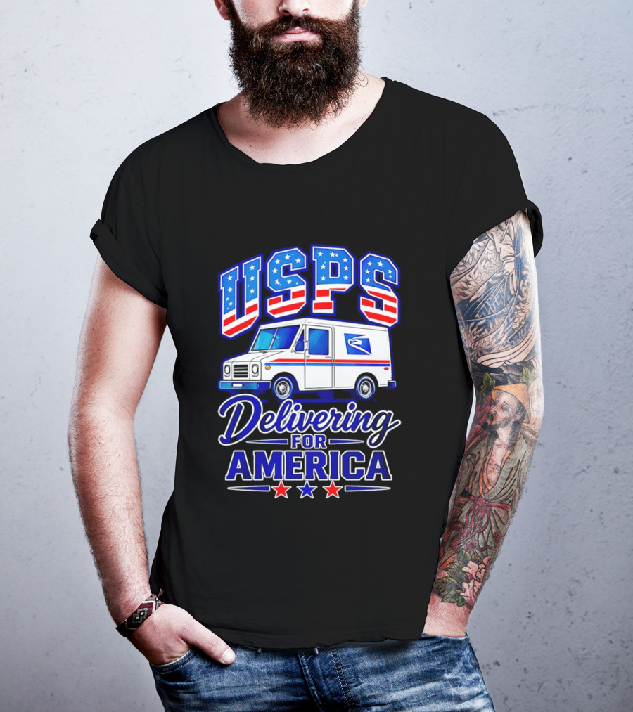 USPS Delivering For America Mail Truck Patriotic Stars And Stripes T-Shirt