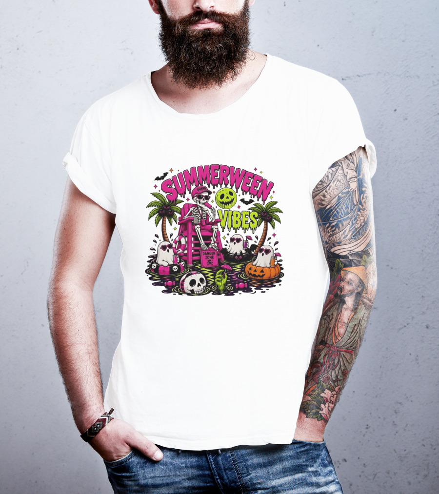 Summerween Vibes Halloween Skeleton Beach Party 2026 T-Shirt