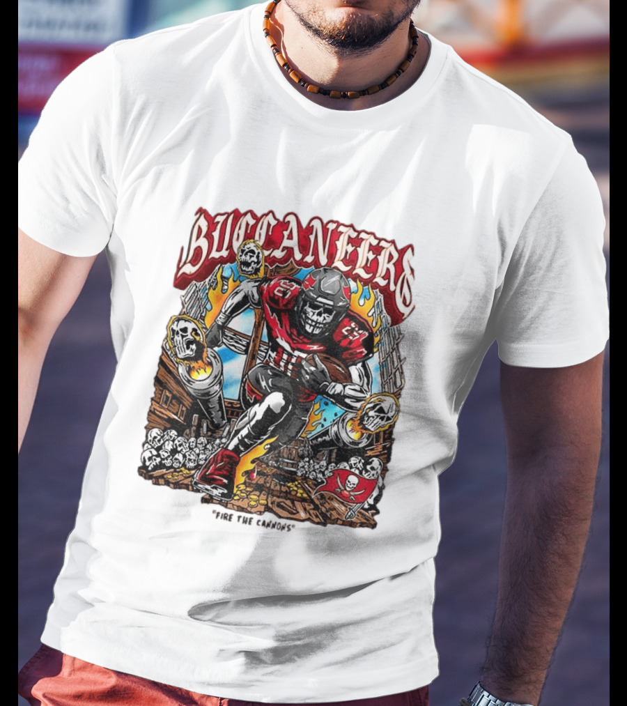 Buccaneers Fire The Cannons Skeleton Football T-Shirt