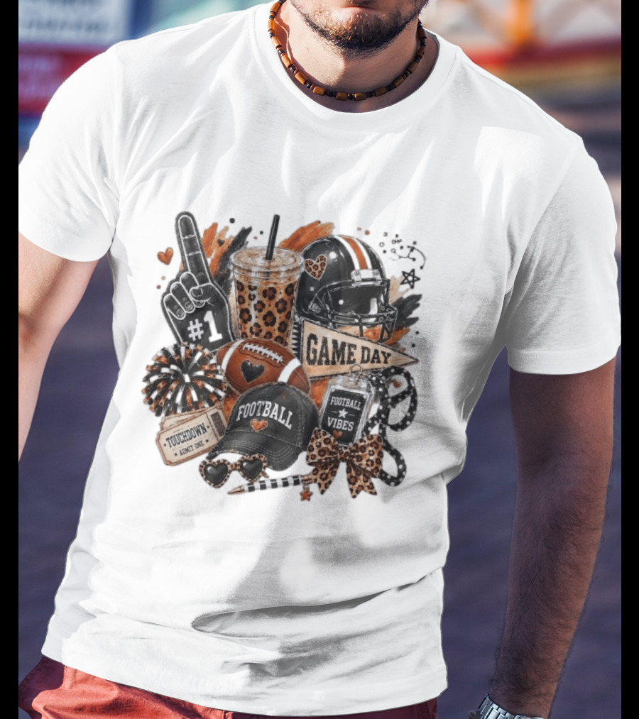 Leopard Game Day Football Touchdown Vibes #1 Fan Helmet Pom Pom Bow T-Shirt