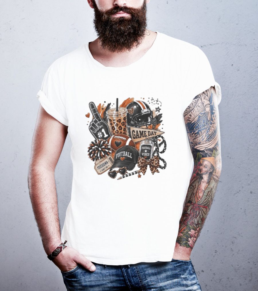 Leopard Game Day Football Touchdown Vibes #1 Fan Helmet Pom Pom Bow T-Shirt