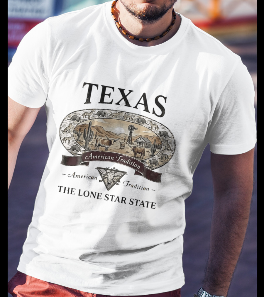 Texas American Tradition The Lone Star State Armadillo Longhorn Desert Scene T-Shirt