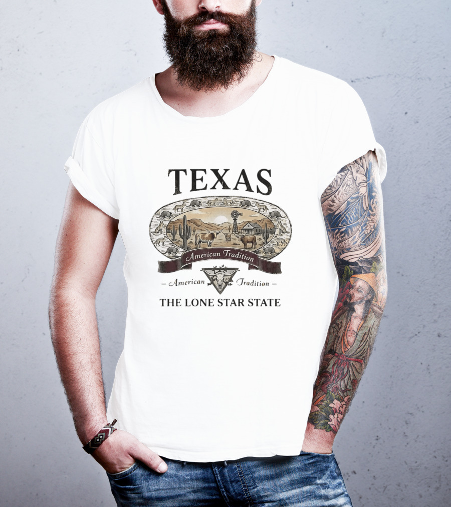 Texas American Tradition The Lone Star State Armadillo Longhorn Desert Scene T-Shirt