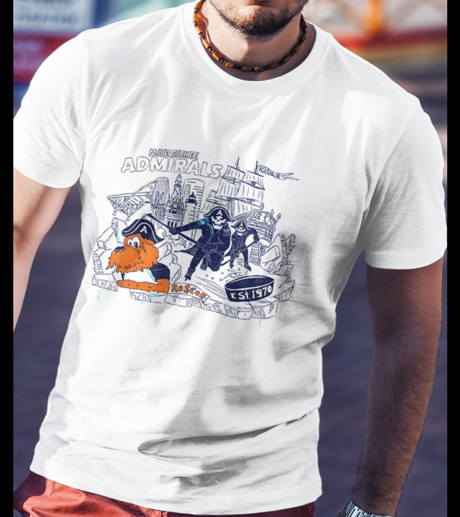 Milwaukee Admirals Roscoe Est 1970 Hockey Mascot And Cityscape T-Shirt