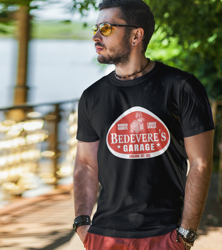 Bedevere's Garage England 932 AD Wooden Rabbits Larger Scales Monty Python T-Shirt