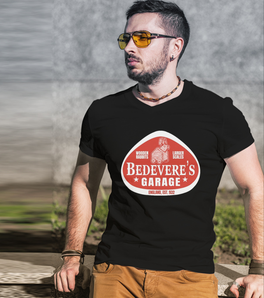 Bedevere's Garage England 932 AD Wooden Rabbits Larger Scales Monty Python T-Shirt