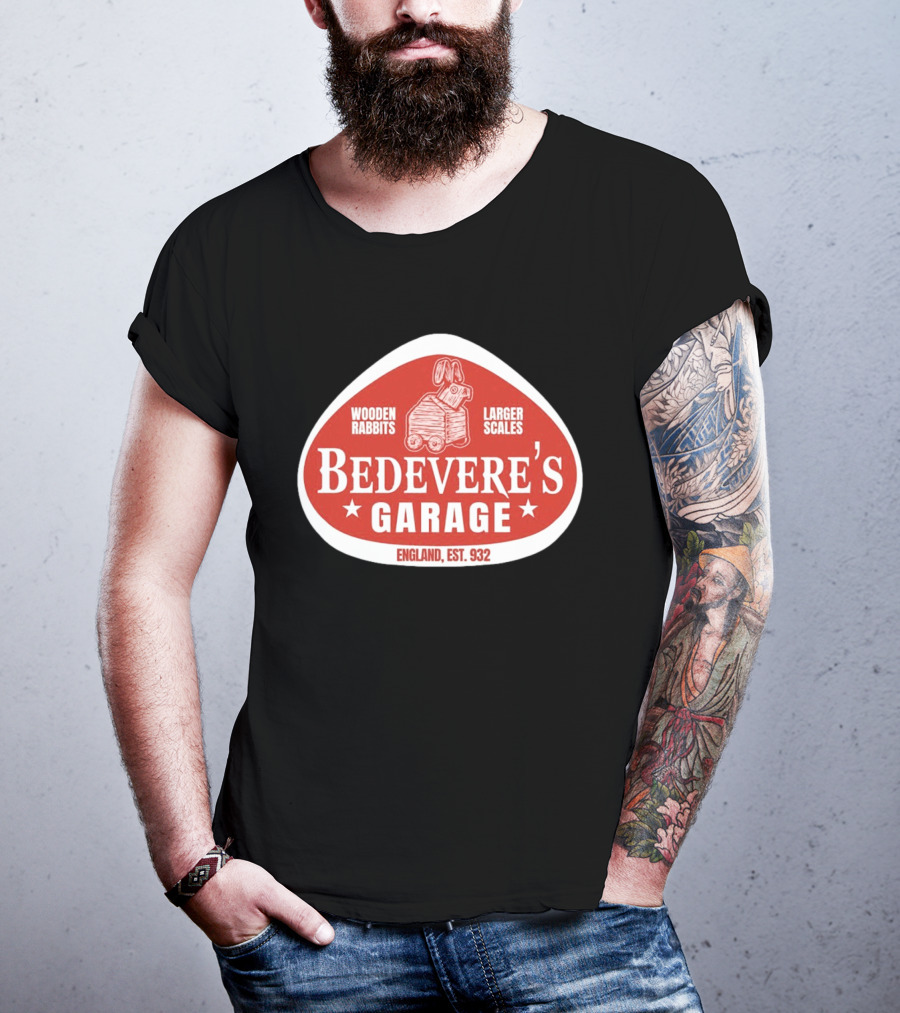 Bedevere's Garage England 932 AD Wooden Rabbits Larger Scales Monty Python T-Shirt