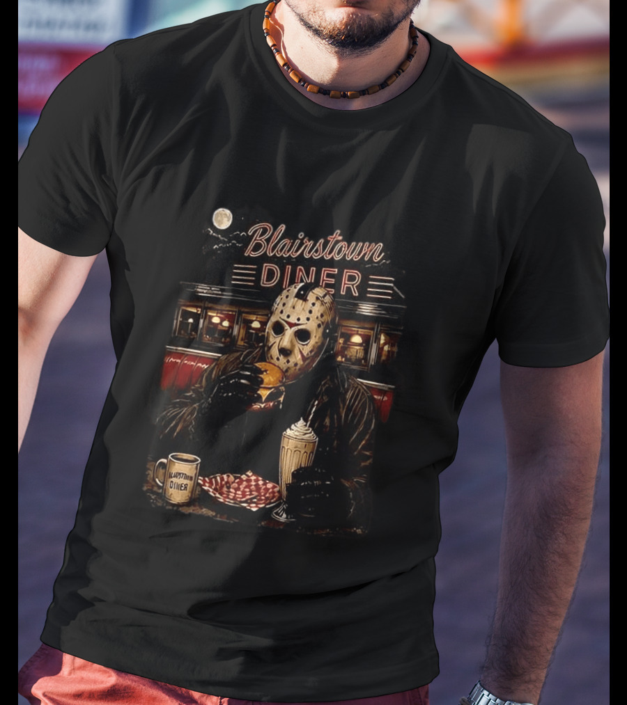 Blairstown Diner Killer Food Killer Coffee Halloween 1949 Masked Character Eating Burger And Milkshake T-Shirt