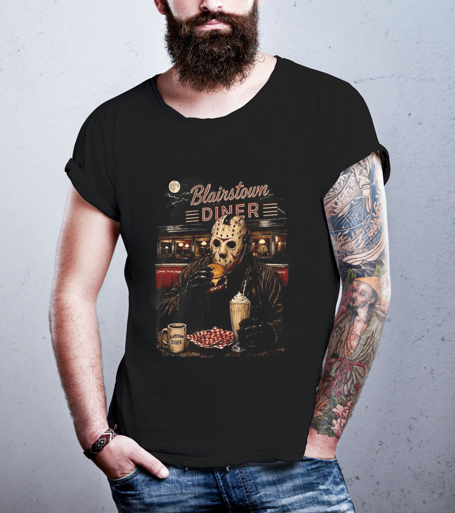 Blairstown Diner Killer Food Killer Coffee Halloween 1949 Masked Character Eating Burger And Milkshake T-Shirt