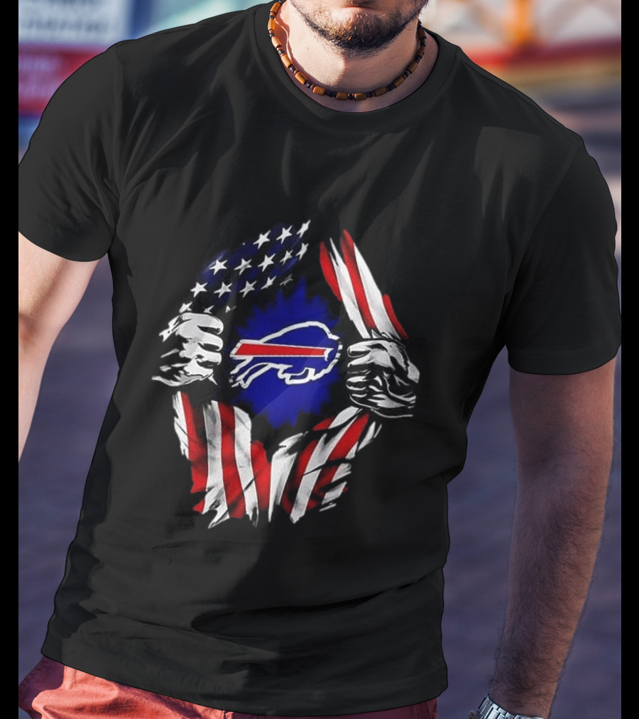 Buffalo Bills Superman Skull Cap Backwards American Flag Rip T-Shirt