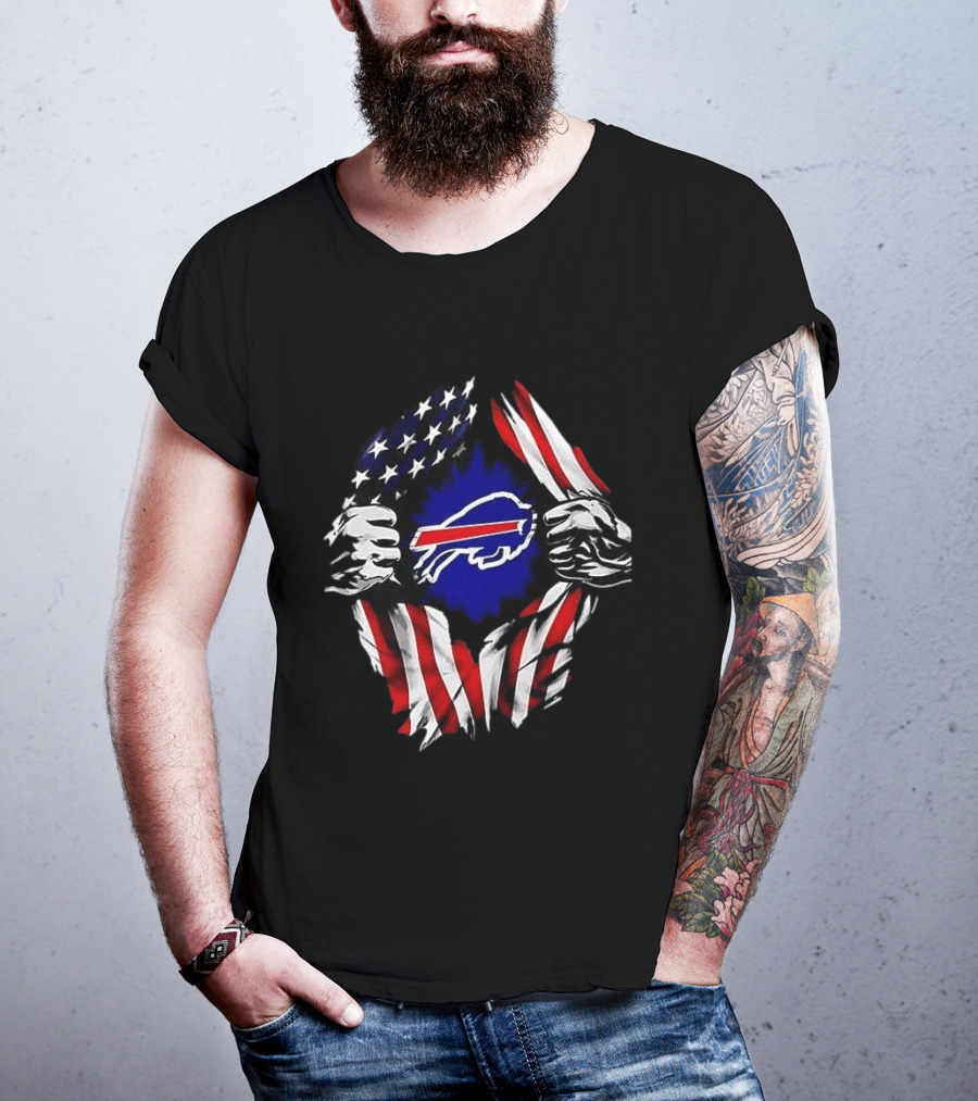 Buffalo Bills Superman Skull Cap Backwards American Flag Rip T-Shirt