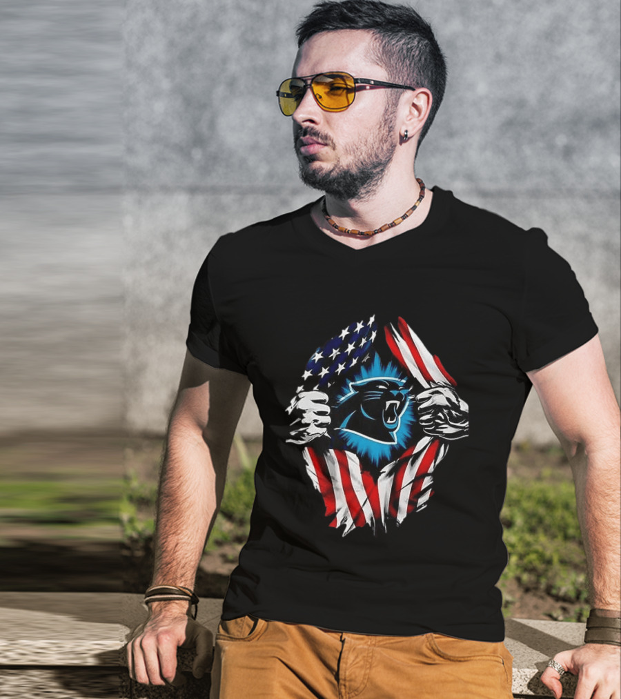Carolina Panthers Super Man Skull Cap Backwards American Flag Panthers T-Shirt