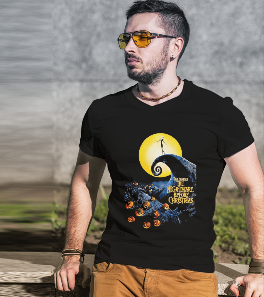 Tim Burton's The Nightmare Before Christmas Jack Skellington Moon Scene With Pumpkins T-Shirt