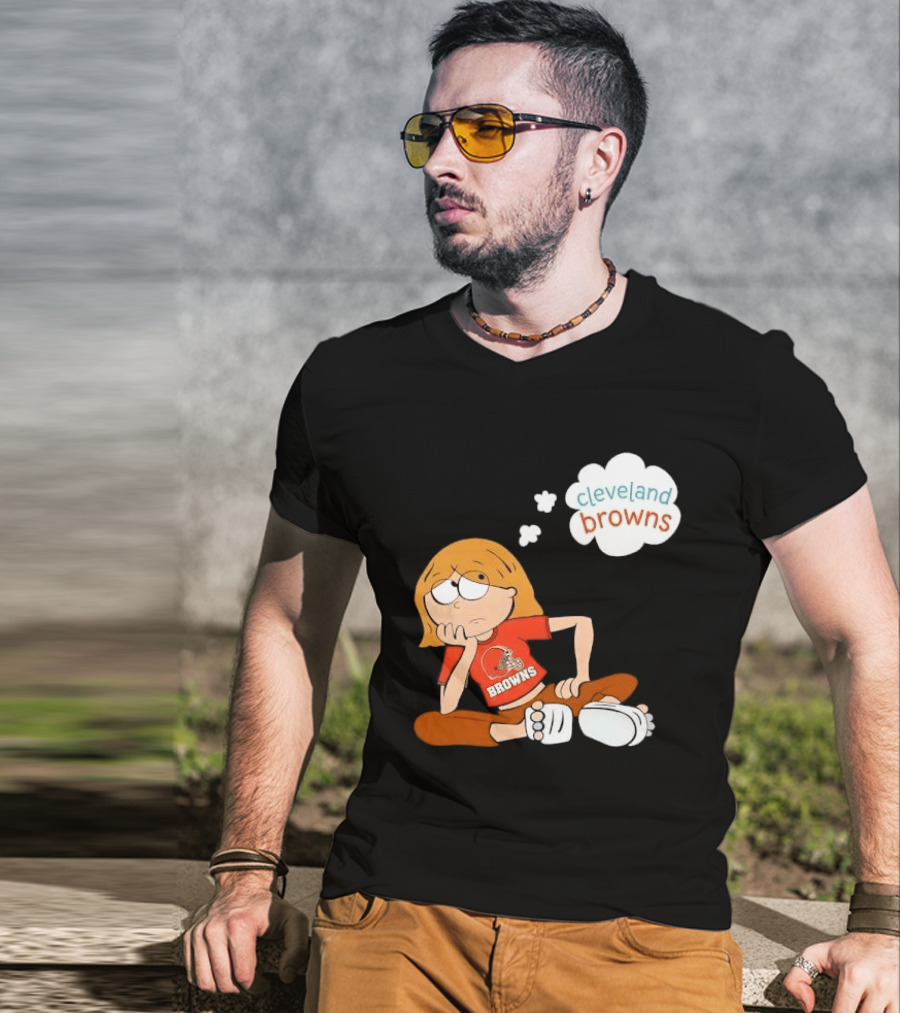 Cleveland Browns Cartoon Girl Sitting With Thought Bubble T-Shirt