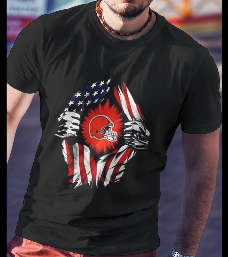 Cleveland Browns Super Man Skull Cap Backwards American Flag Ripped T-Shirt