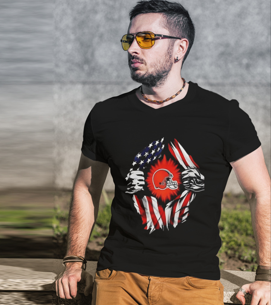 Cleveland Browns Super Man Skull Cap Backwards American Flag Ripped T-Shirt
