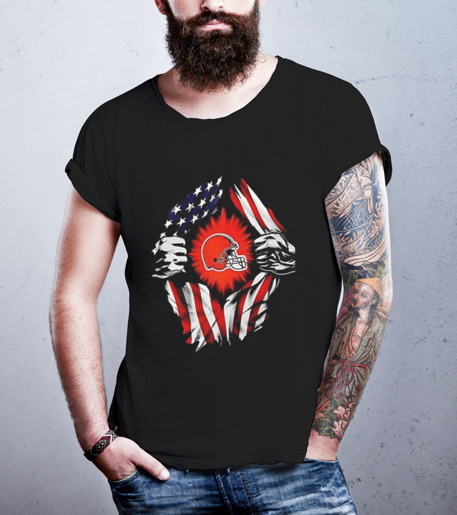 Cleveland Browns Super Man Skull Cap Backwards American Flag Ripped T-Shirt