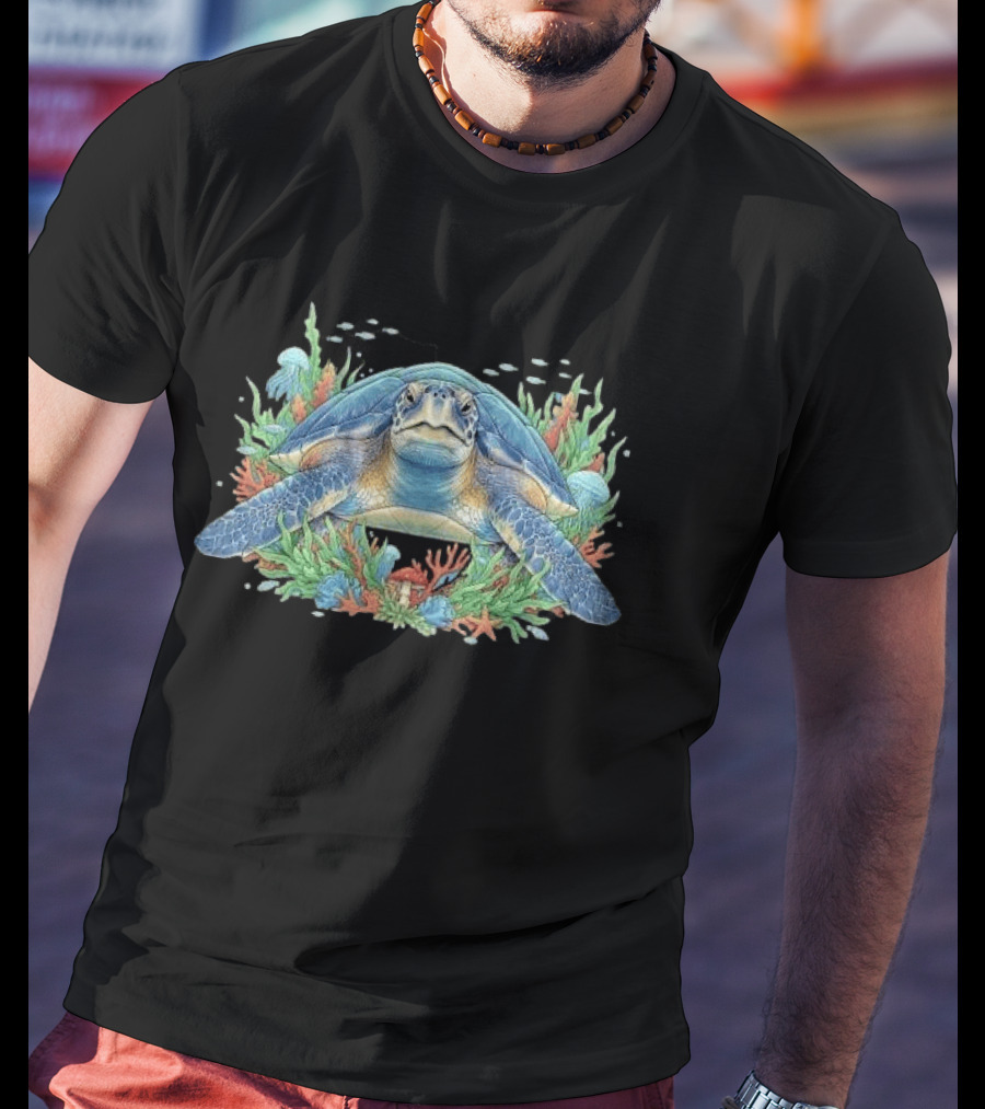 Sea Turtle With Coral Reef Red Mushroom And Starfish Underwater Scene T-Shirt