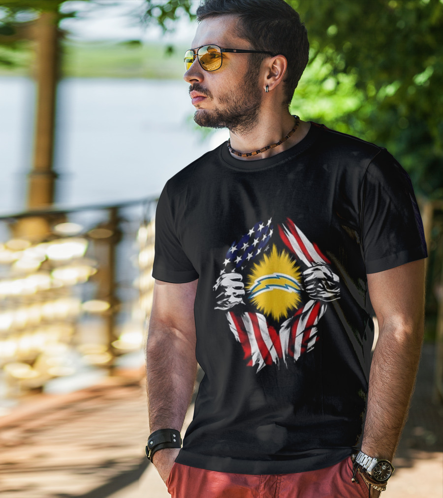 Los Angeles Chargers Superman Skull Cap Backwards USA Flag Power T-Shirt