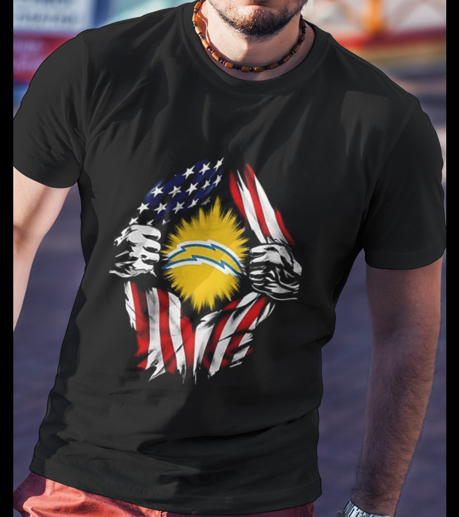 Los Angeles Chargers Superman Skull Cap Backwards USA Flag Power T-Shirt