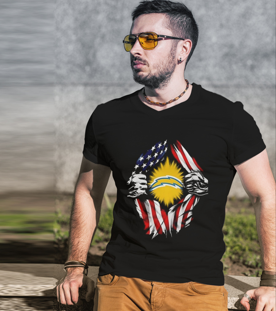 Los Angeles Chargers Superman Skull Cap Backwards USA Flag Power T-Shirt