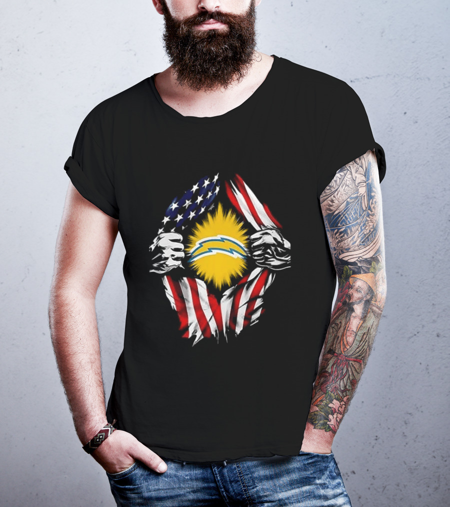 Los Angeles Chargers Superman Skull Cap Backwards USA Flag Power T-Shirt