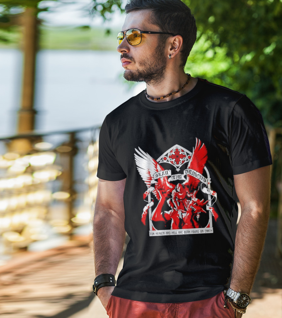 Slay Thy Demons For Heaven And Hell Are Both Found On Earth Angelic Warrior With Wings T-Shirt