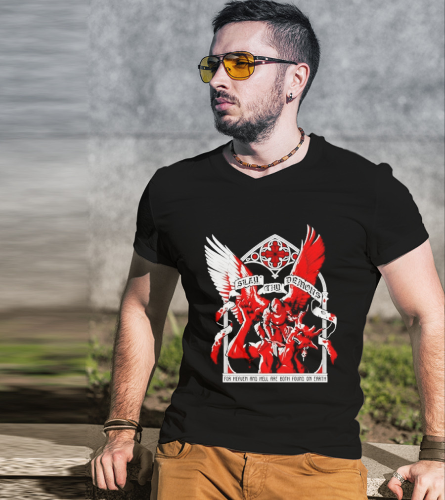 Slay Thy Demons For Heaven And Hell Are Both Found On Earth Angelic Warrior With Wings T-Shirt