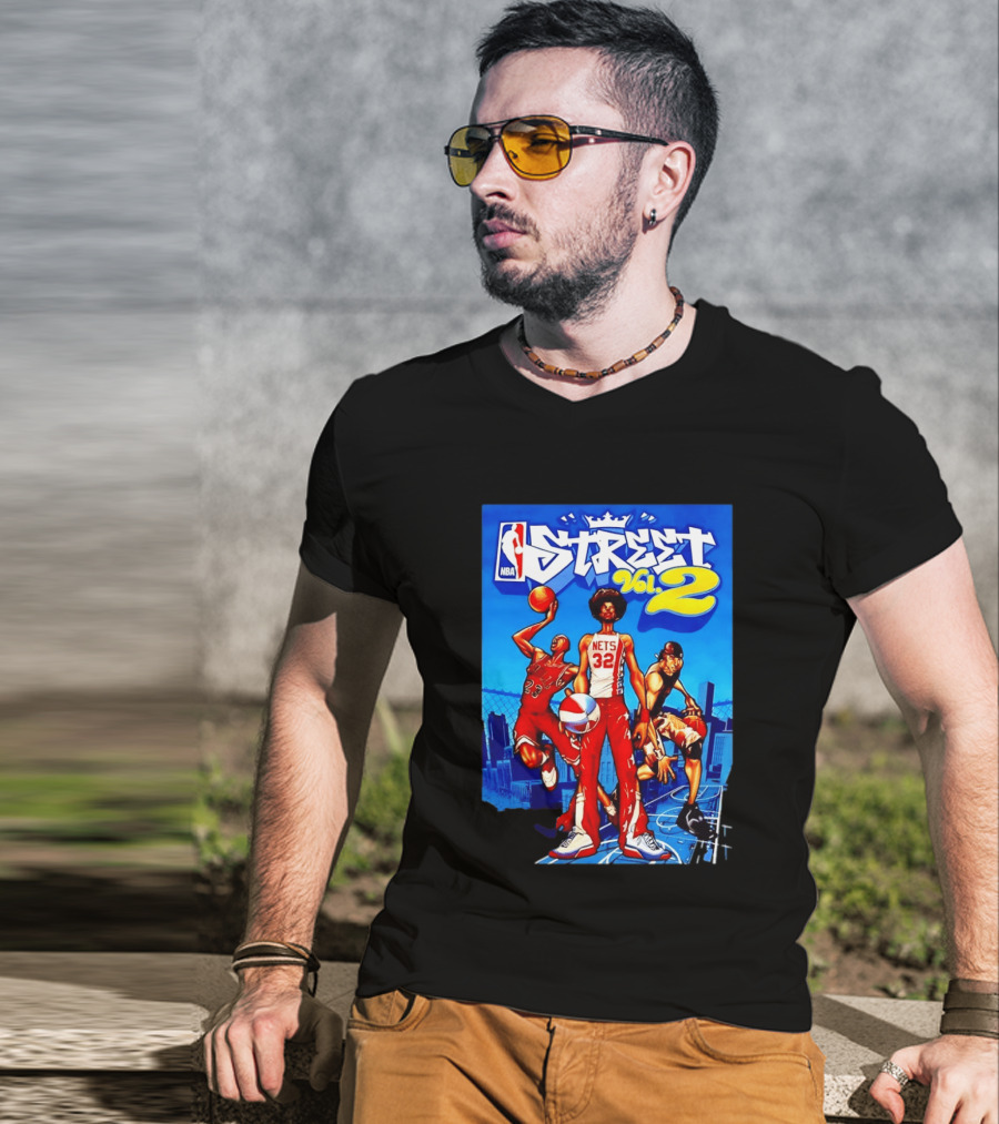 NBA Street Vol 2 Nets 32 Cartoon Players Basketball Game T-Shirt