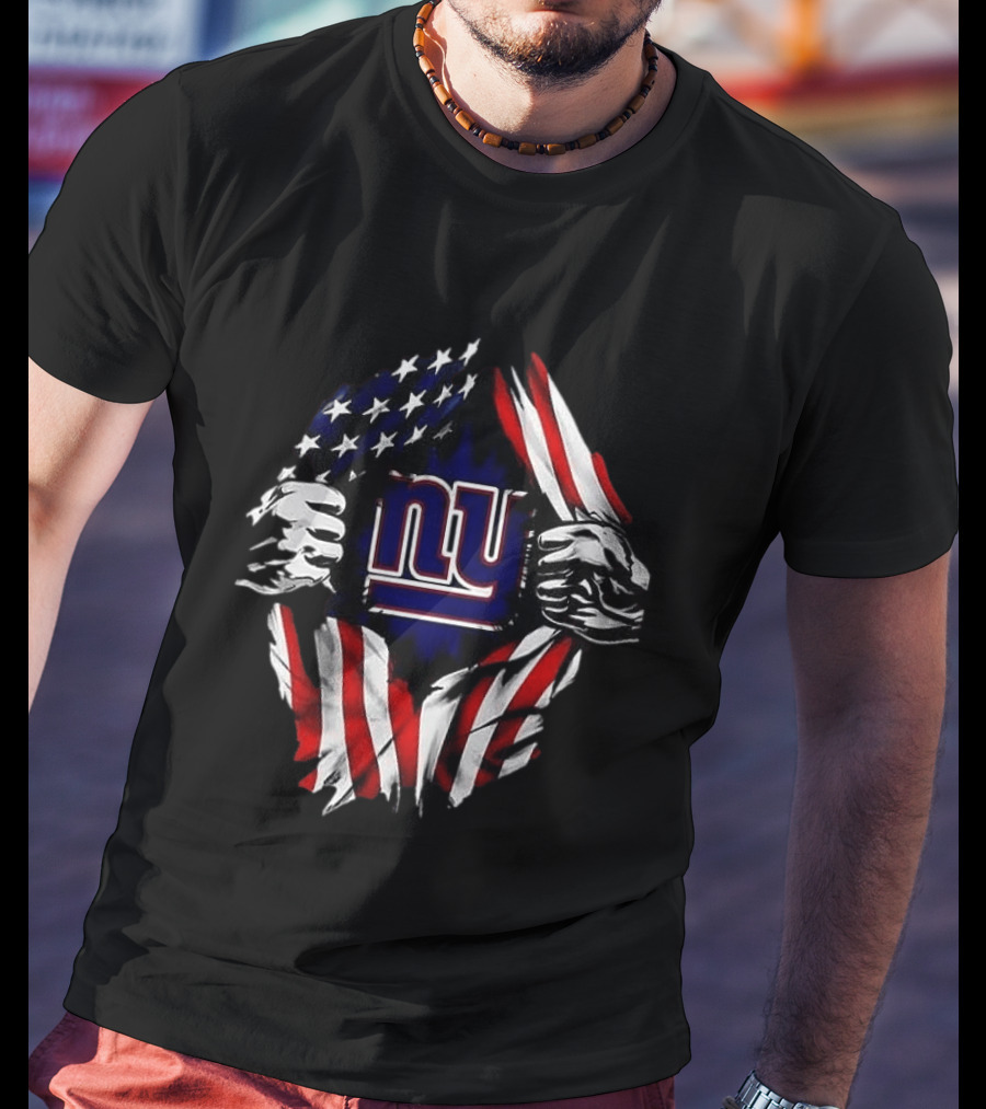 New York Giants American Flag Rip Super Man X Skull Cap Backwards T-Shirt