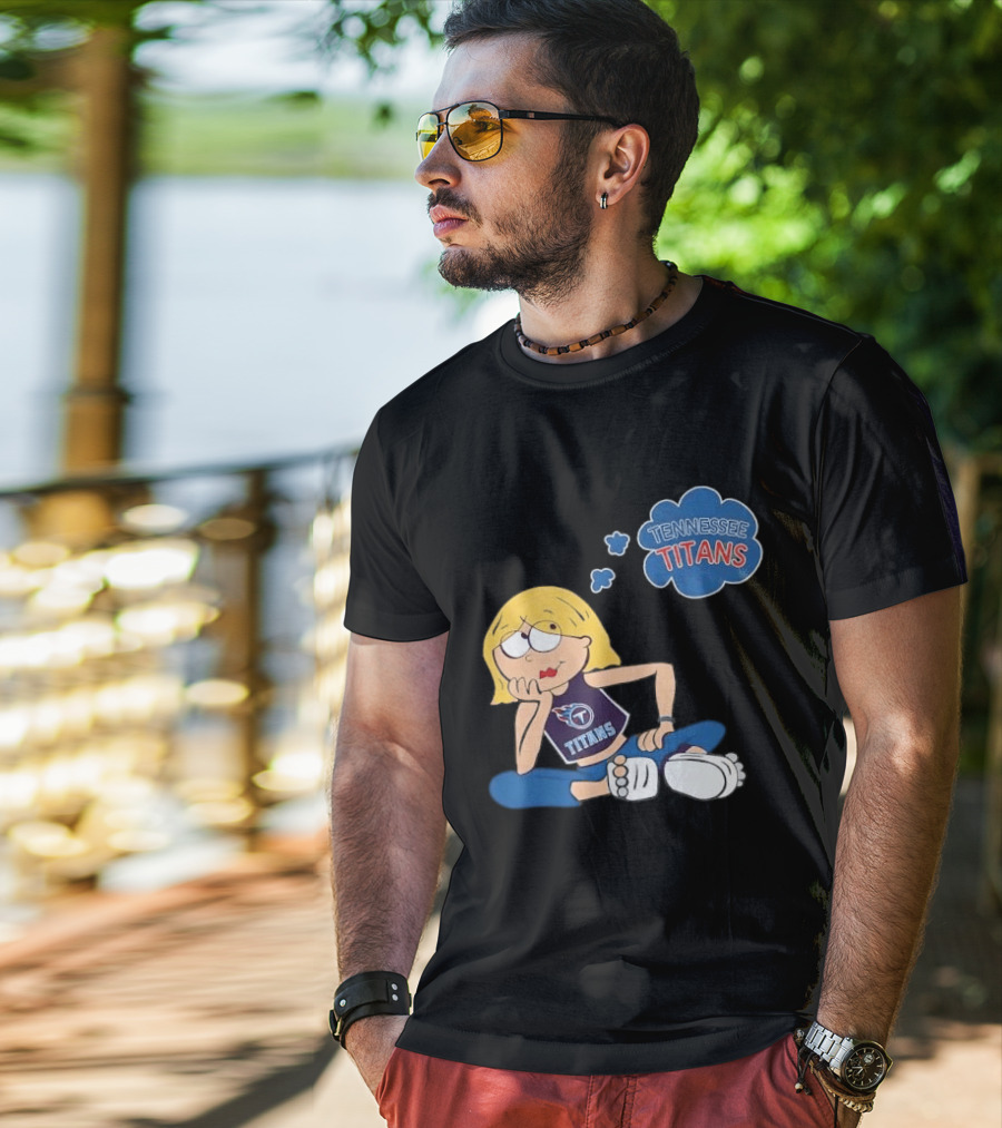 Tennessee Titans Blonde Cartoon Girl Sitting Thinking Thought Bubble Titans T-Shirt