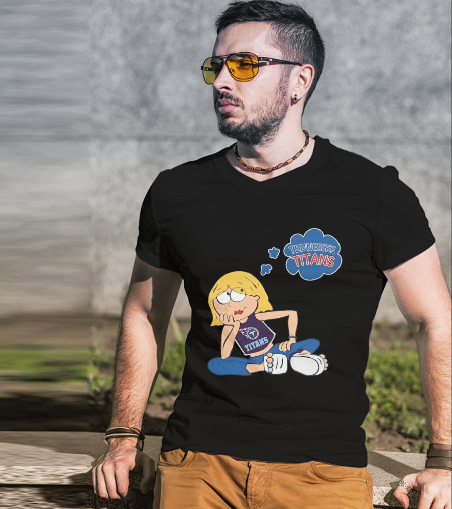 Tennessee Titans Blonde Cartoon Girl Sitting Thinking Thought Bubble Titans T-Shirt