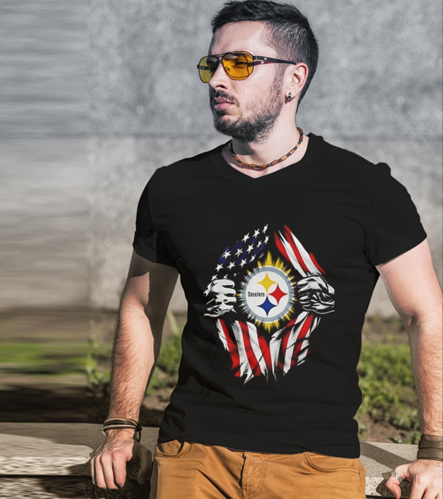Pittsburgh Steelers Superman Skull Cap USA Flag T-Shirt