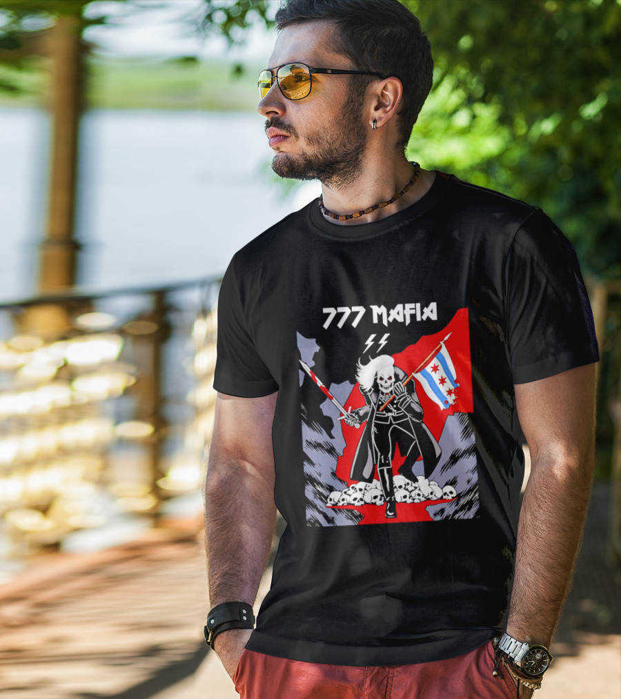 777 Mafia Chicago Flag Skeleton Skull T-Shirt